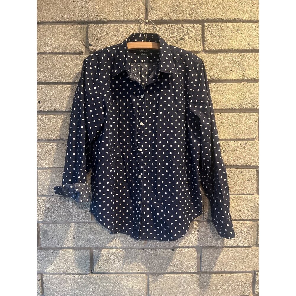 Lauren Ralph Lauren Navy Blue Polka Dot Non-Iron Shirt Womens Size L